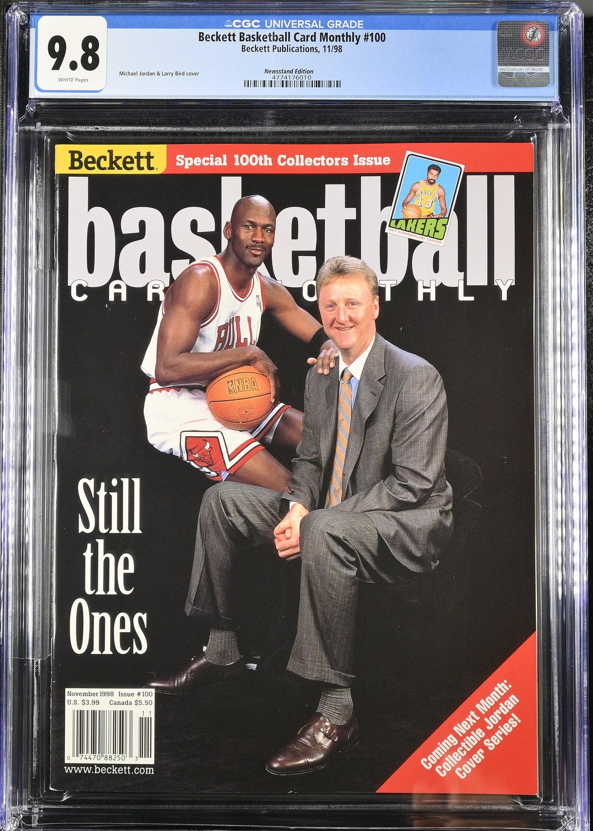 1998 Beckett Basketball Monthly #100 (CGC 9.8 Newsstand Edition) – Michael Jordan & Larry Bird Cover – POP 1
