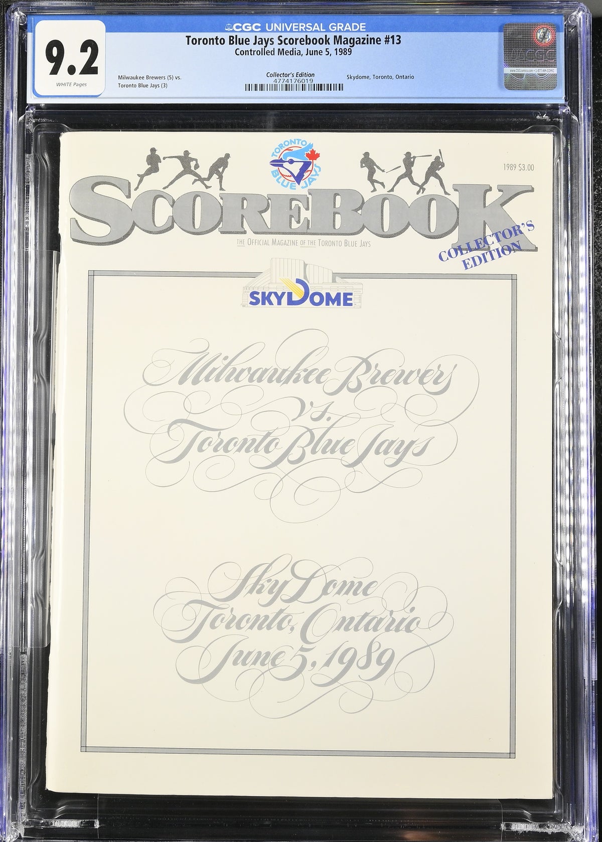 1989 Toronto Blue Jays Scorebook #13 Graded Magazine CGC 9.2 Milwaukee Brewers Top POP 1st Game at Skydome