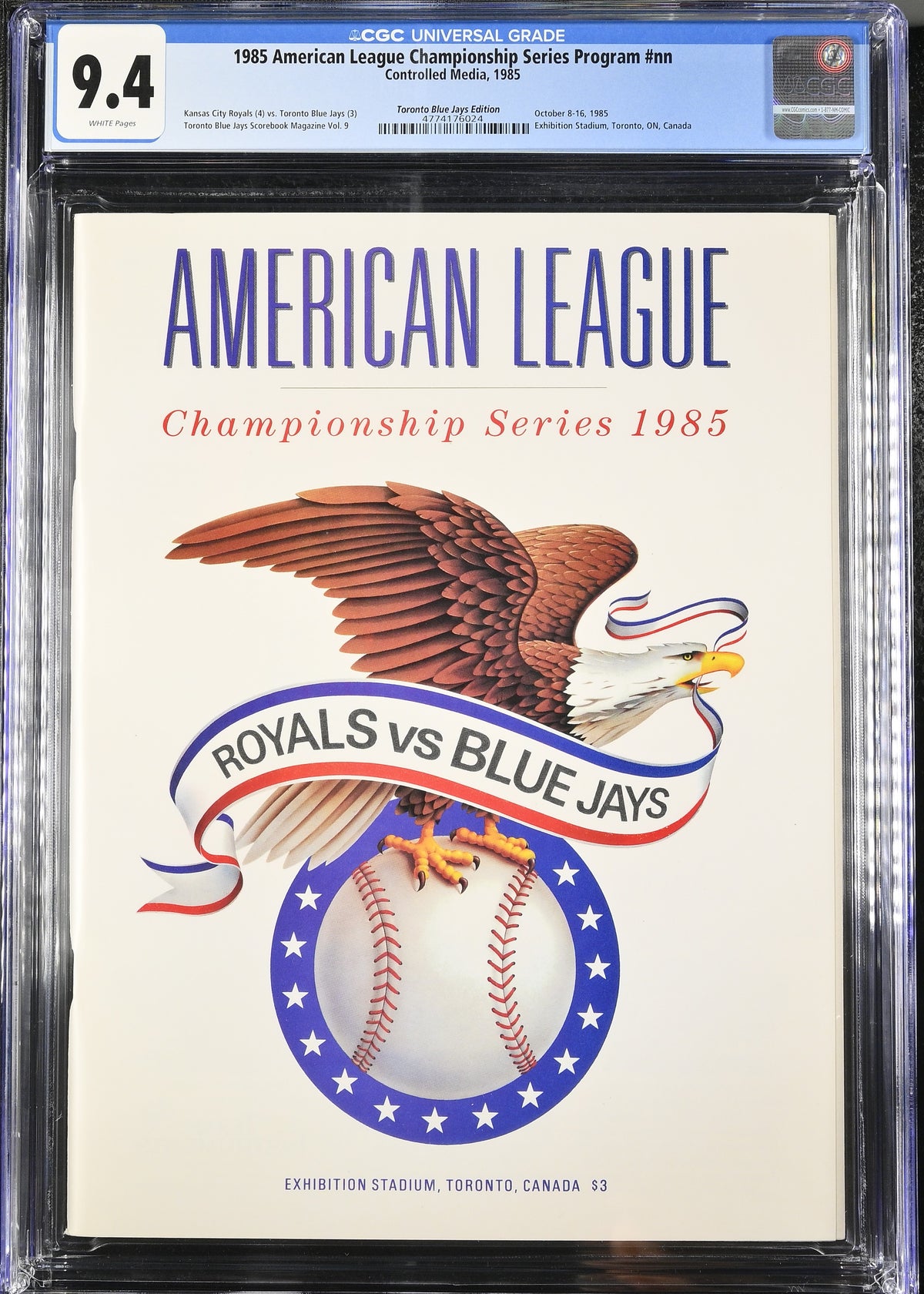 1985 American League Championship Series Program Graded Magazine CGC 9.4 Kansas City Royals vs. Toronto Blue Jays