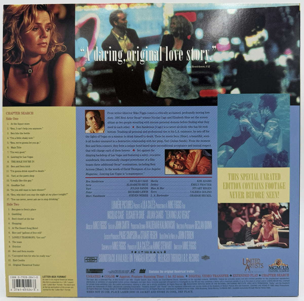 Leaving Las Vegas (1995) LaserDisc LD - Nicolas Cage, Elisabeth Shue - Special Unrated Edition - MGM/UA - EX