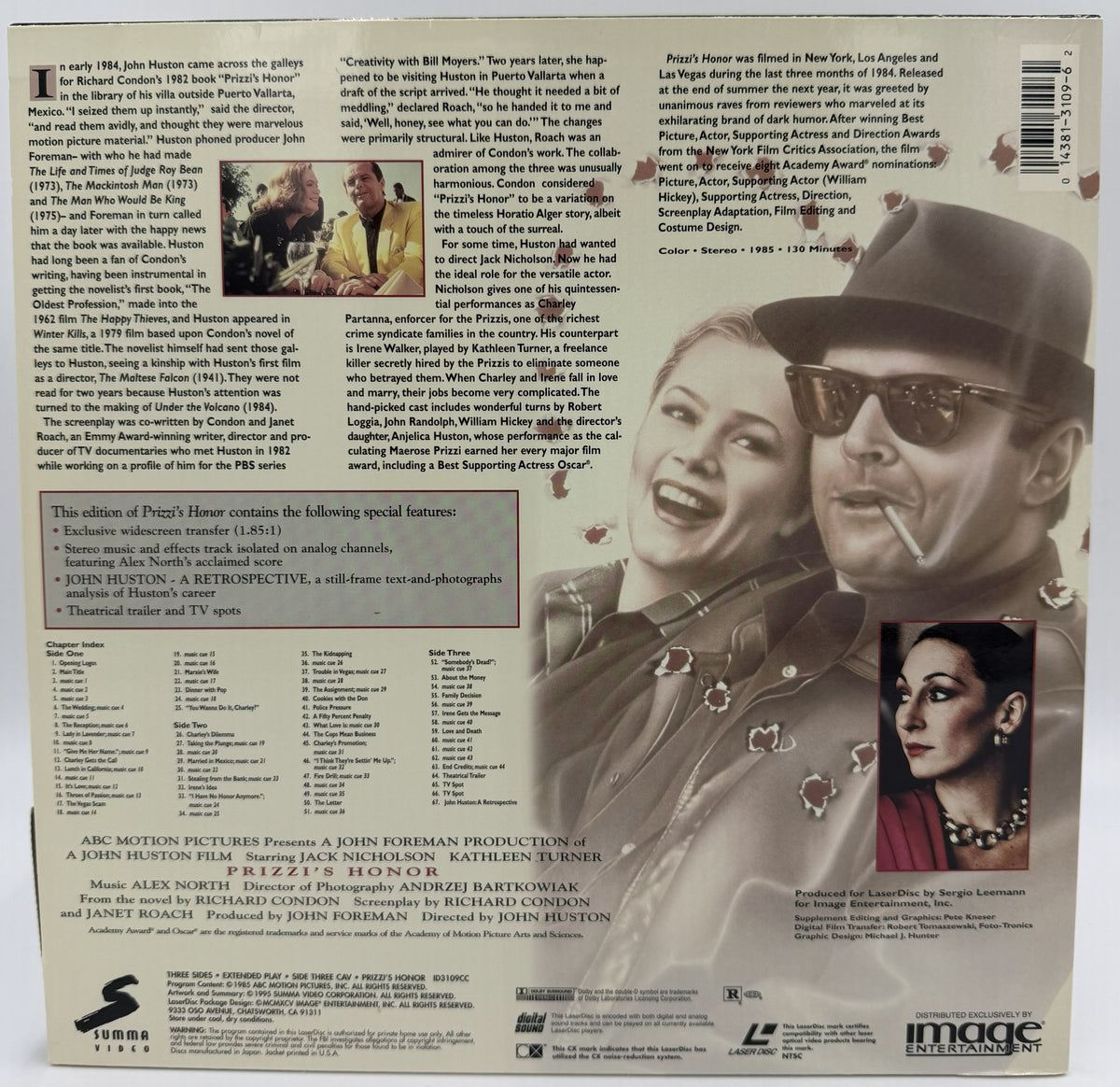 Prizzi's Honor (1985) LaserDisc - Jack Nicholson, Kathleen Turner - Widescreen Special Edition - Image Entertainment - EX