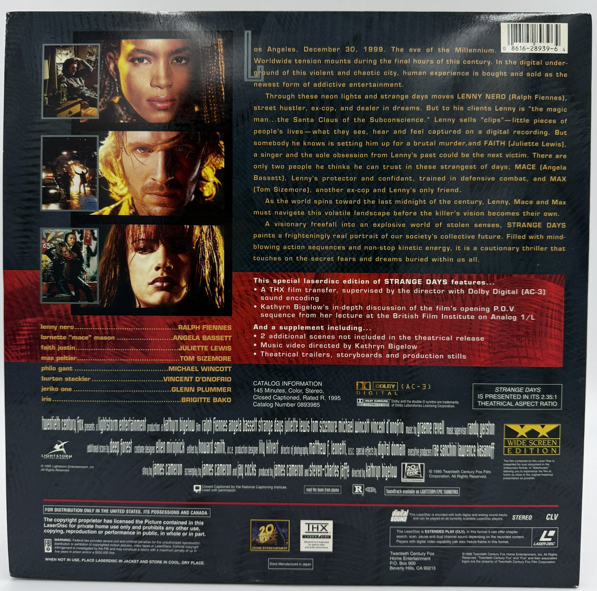 Strange Days (1995) LaserDisc - Ralph Fiennes, Angela Bassett - THX Widescreen Dolby Digital - Fox Video - EX
