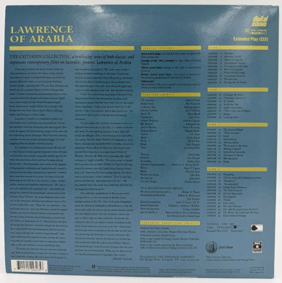 Lawrence of Arabia (1962) LaserDisc - Peter O'Toole, Alec Guinness - The Criterion Collection - Voyager Company - EX