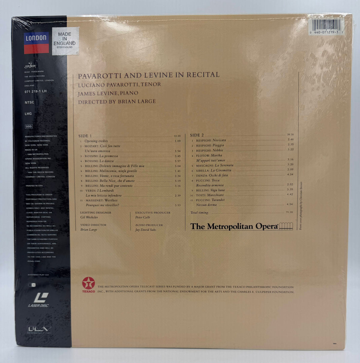 Pavarotti and Levine In Recital - The Metropolitan Opera (1988) LaserDisc - EX - Factory Sealed