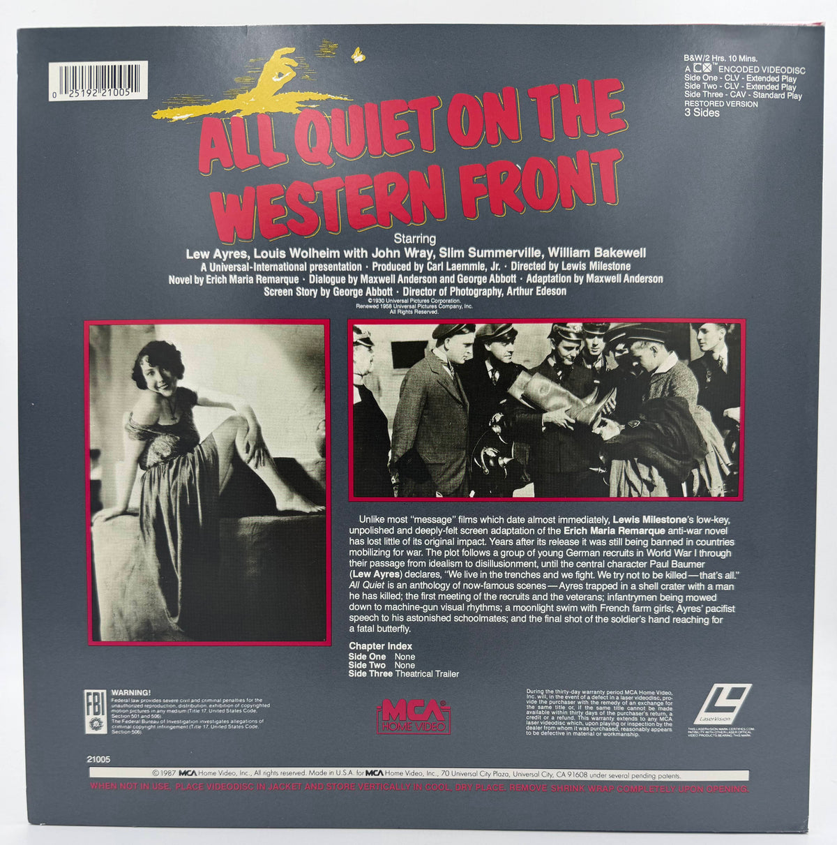 All Quiet on the Western Front (1930 / 1987) The Restored Version – LaserDisc - EX.