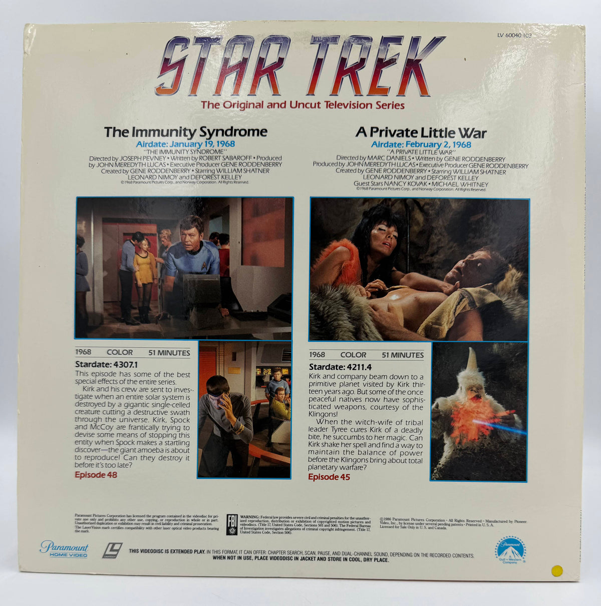 Star Trek: The Original Series – "The Immunity Syndrome" / "A Private Little War" (1968 / 1986) Standard Edition – LaserDisc - VG+