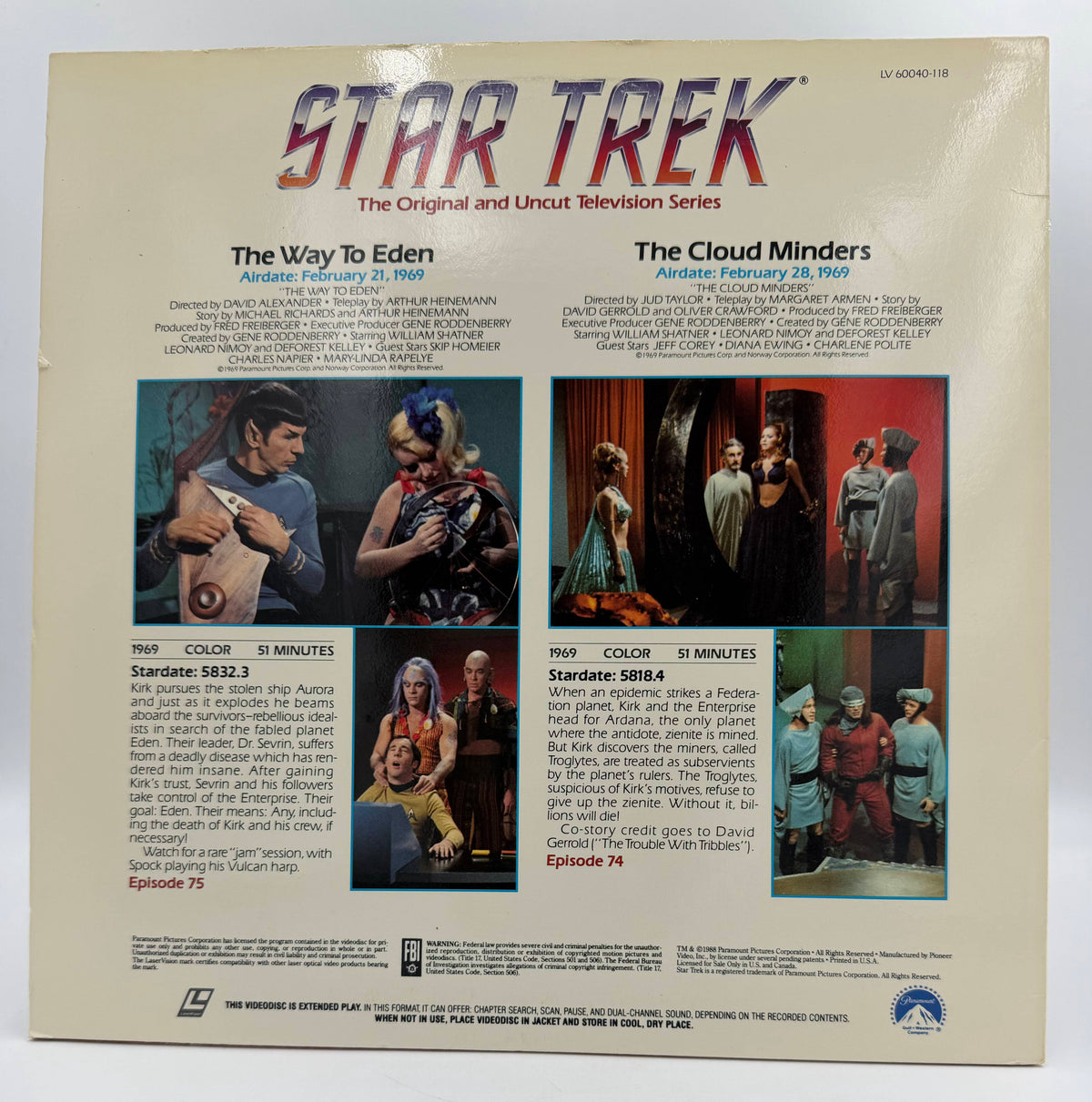 Star Trek: The Original Series – "The Way To Eden" / "The Cloud Minders" (1969 / 1988) Standard Edition – LaserDisc - VG+