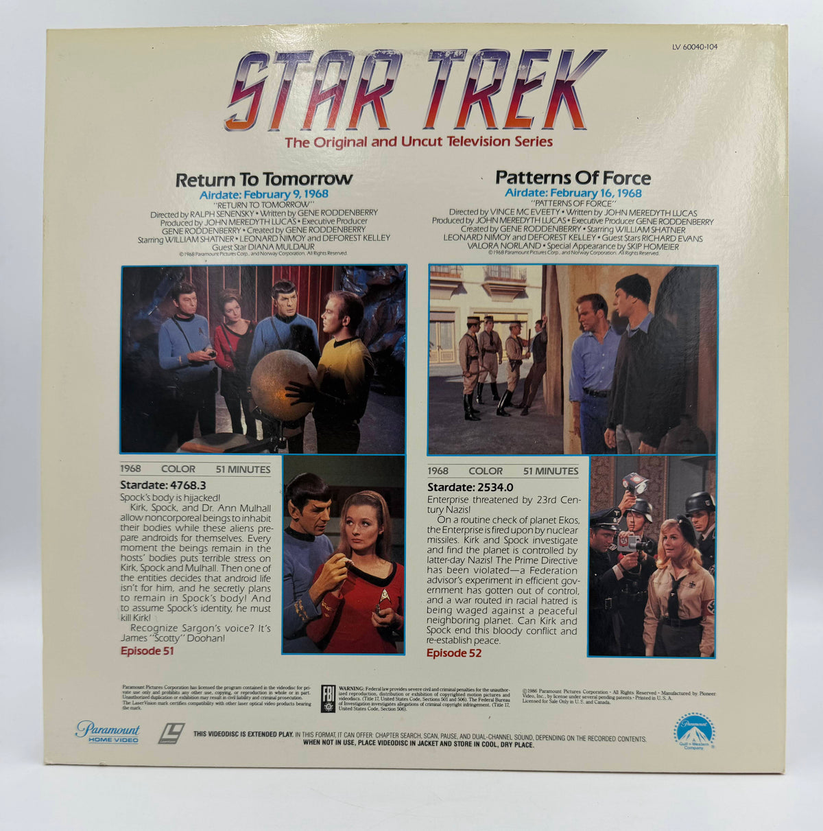 Star Trek: The Original Series – "Return To Tomorrow" / "Patterns Of Force" (1968 / 1986) Standard Edition – LaserDisc - VG+