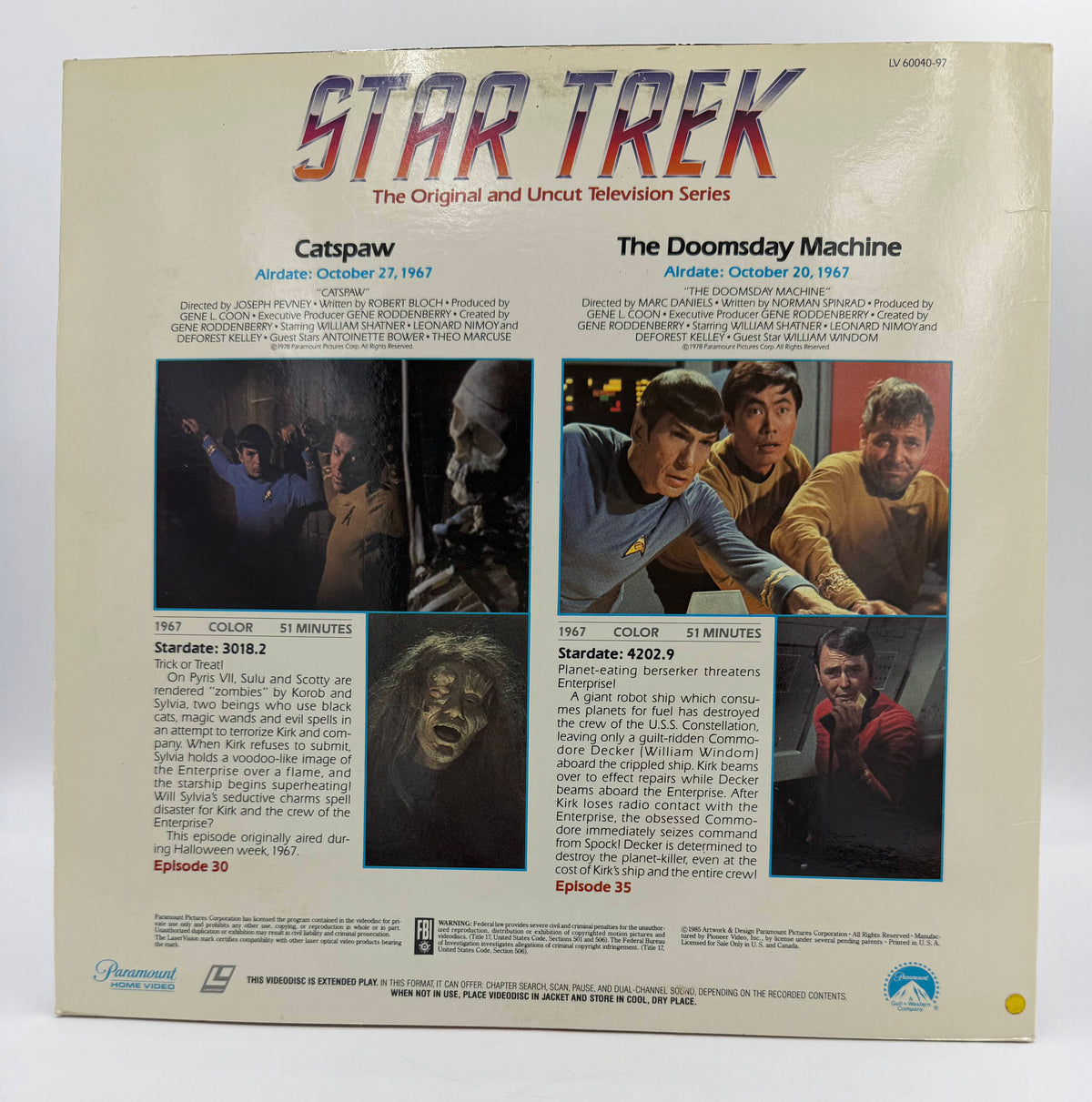 Star Trek: The Original Series – "Catspaw" / "The Doomsday Machine" (1967 / 1985) Standard Edition – LaserDisc - VG+