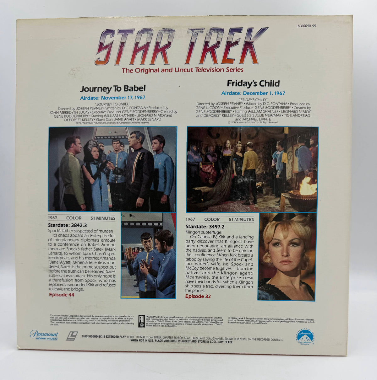 Star Trek: The Original Series – "Journey To Babel" / "Friday's Child" (1967 / 1985) Standard Edition – LaserDisc - VG+