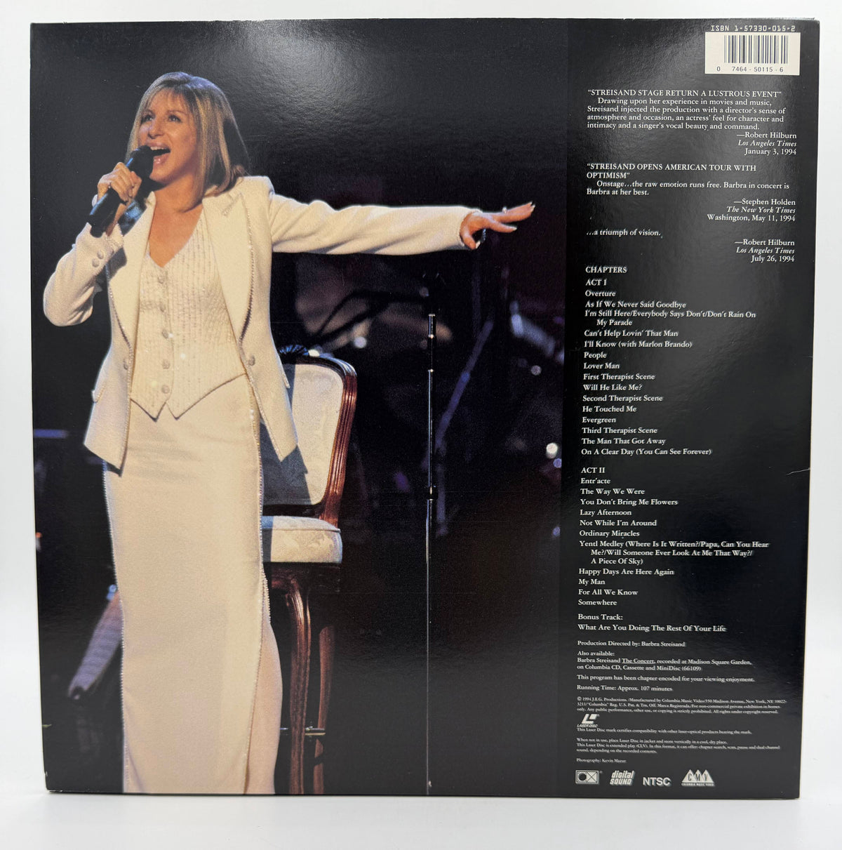 Barbra: The Concert - Live at the Arrowhead Pond Anaheim, July 1994 (1994) Columbia Music Video LaserDisc - EX