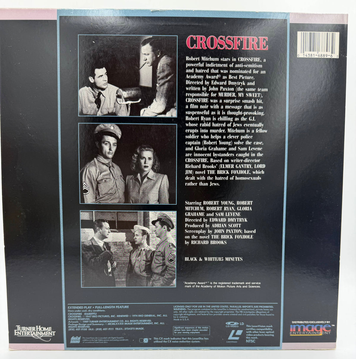 Crossfire (1947 / 1989) Turner Home Entertainment / Image Entertainment LaserDisc - EX