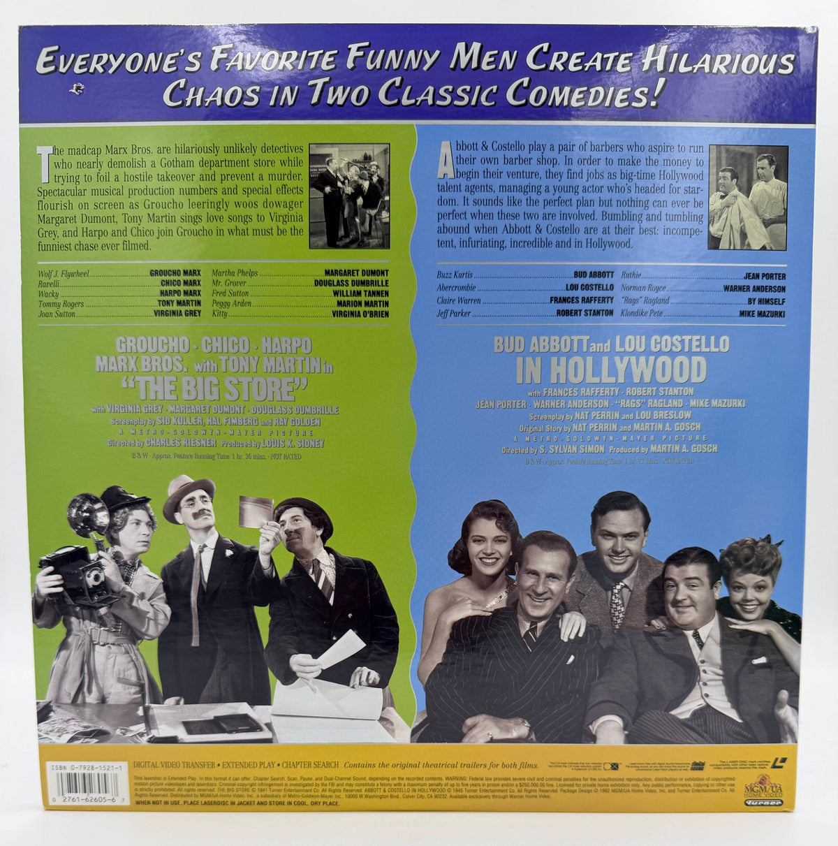 The Marx Bros. in The Big Store / Abbott and Costello in Hollywood (1941, 1945 / 1991) MGM/UA Double Feature 2-Disc Set – LaserDisc - VG+