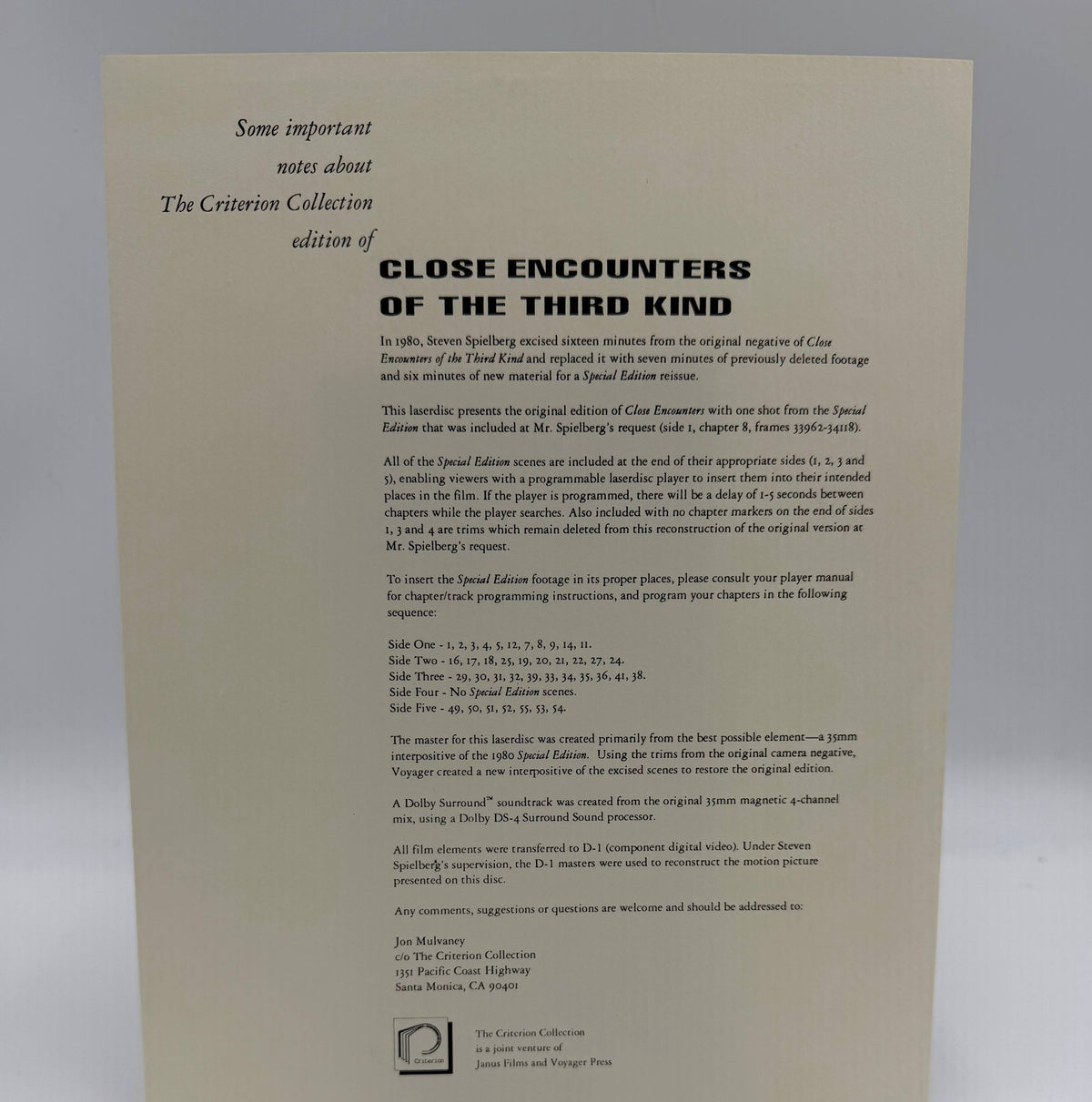 Close Encounters of the Third Kind (1977 / 1990) The Criterion Collection CAV Widescreen 3-Disc Box Set – LaserDisc - EX