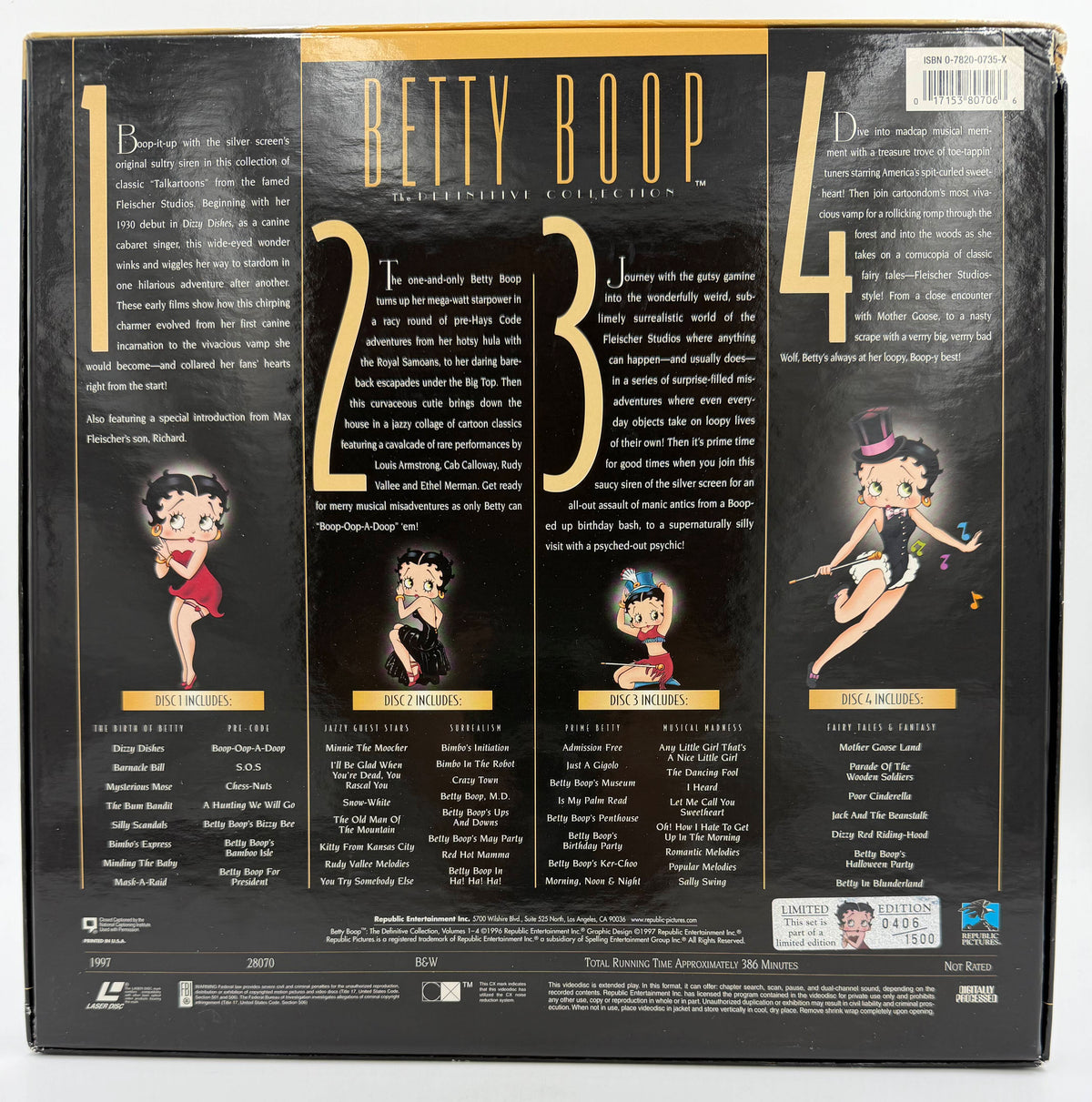 Betty Boop: The Definitive Collection – Set One (1930–1939 / 1997) Republic Pictures Home Video 4-Disc Box Set LaserDisc - VG+