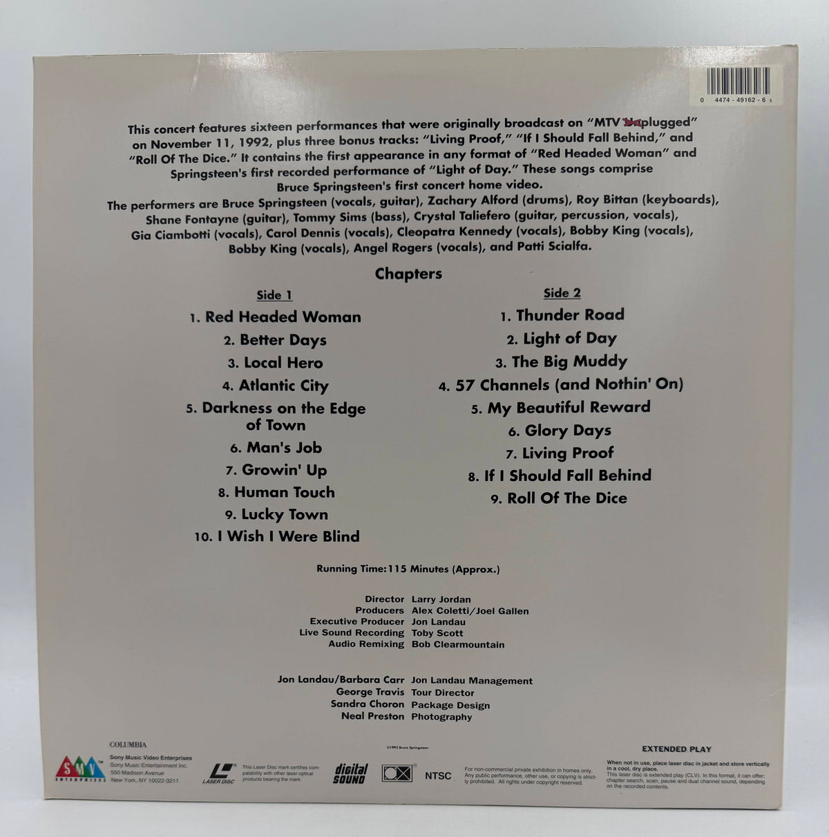 Bruce Springsteen: In Concert / MTV Unplugged (1992 / 1993) Sony Music Video / Columbia Records LaserDisc - EX