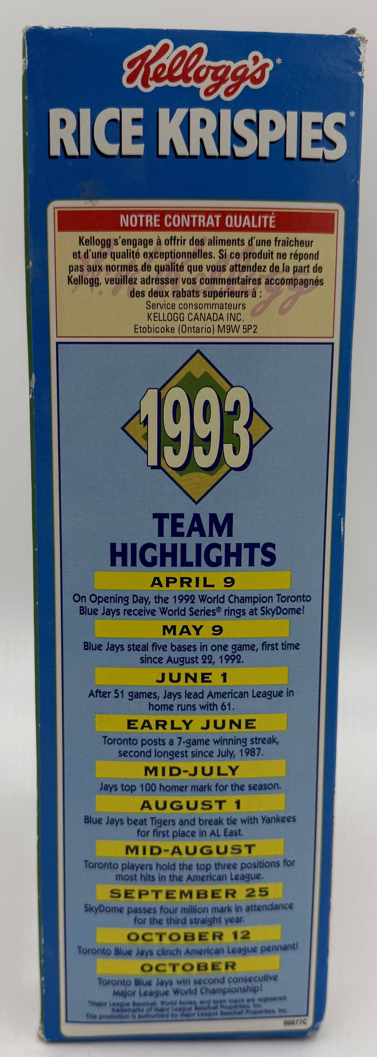 1993 Kellogg's Rice Krispies Cereal Toronto Blue Jays Back to Back World Champions Empty Box Only