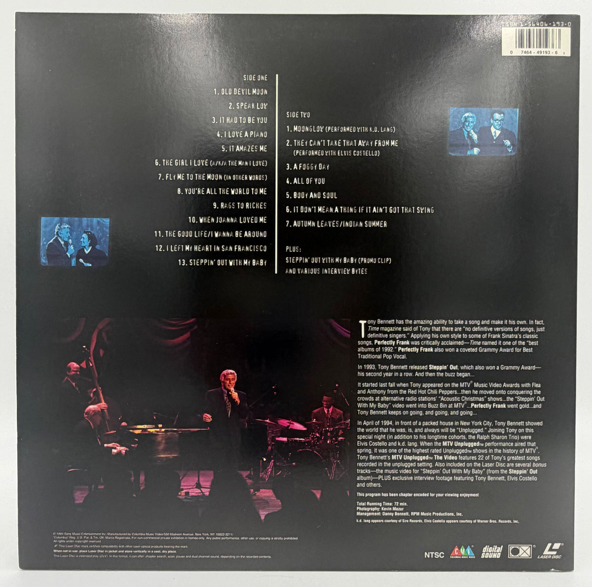 Tony Bennett: MTV Unplugged - The Video (1994) LaserDisc - K.D. Lang, Elvis Costello - Columbia Music Video - EX