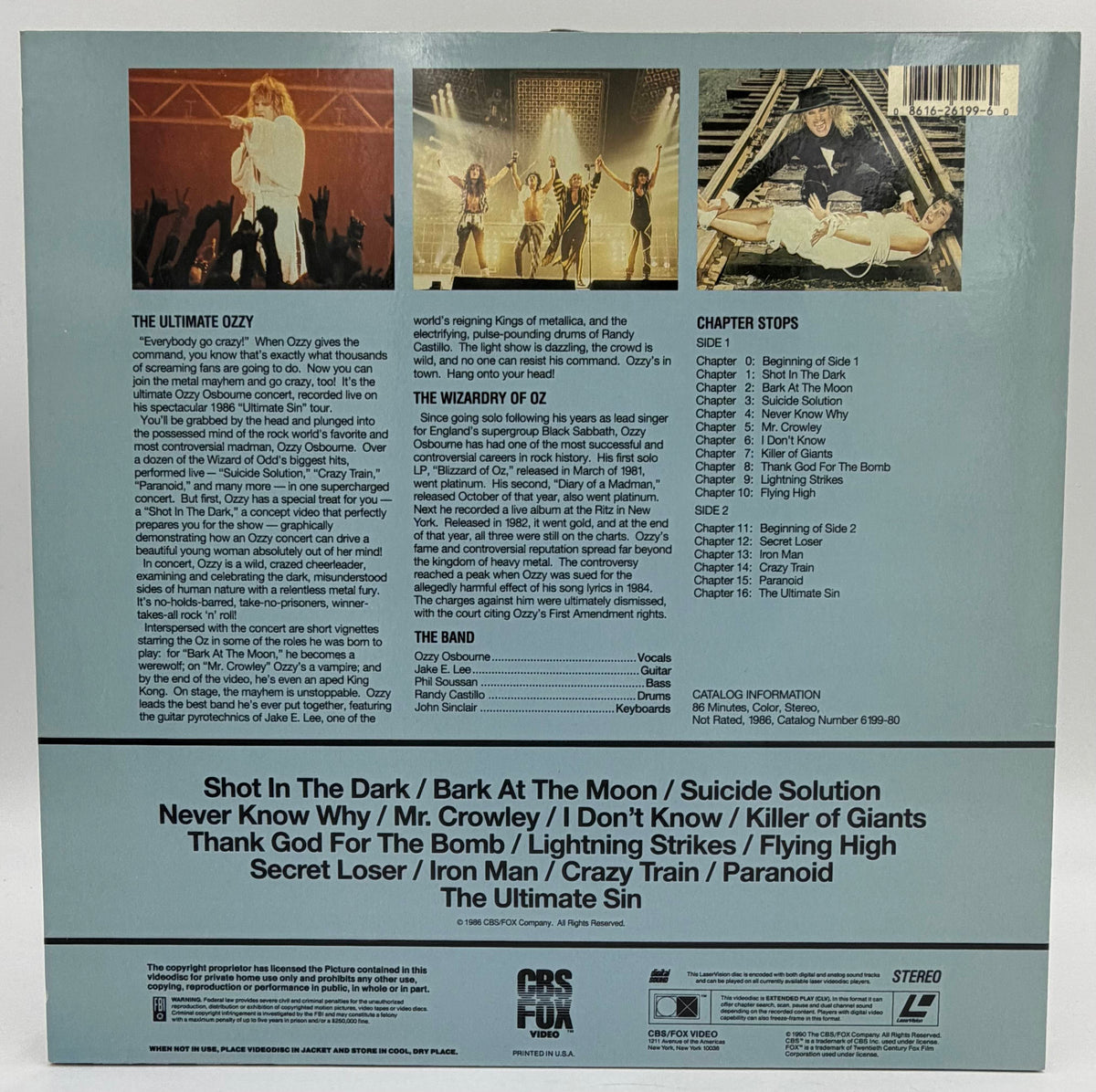 Ozzy Osbourne - The Ultimate Ozzy (1986) LaserDisc - Live Concert - CBS/FOX Video - EX, Rare