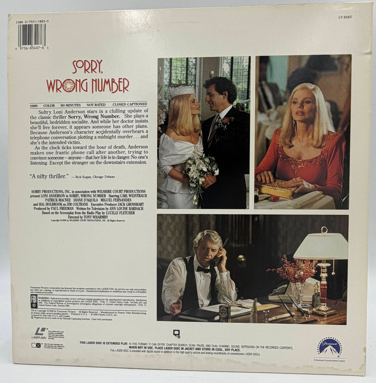 Sorry, Wrong Number (1990) LaserDisc - Loni Anderson, Hal Holbrook - Paramount LV – VG
