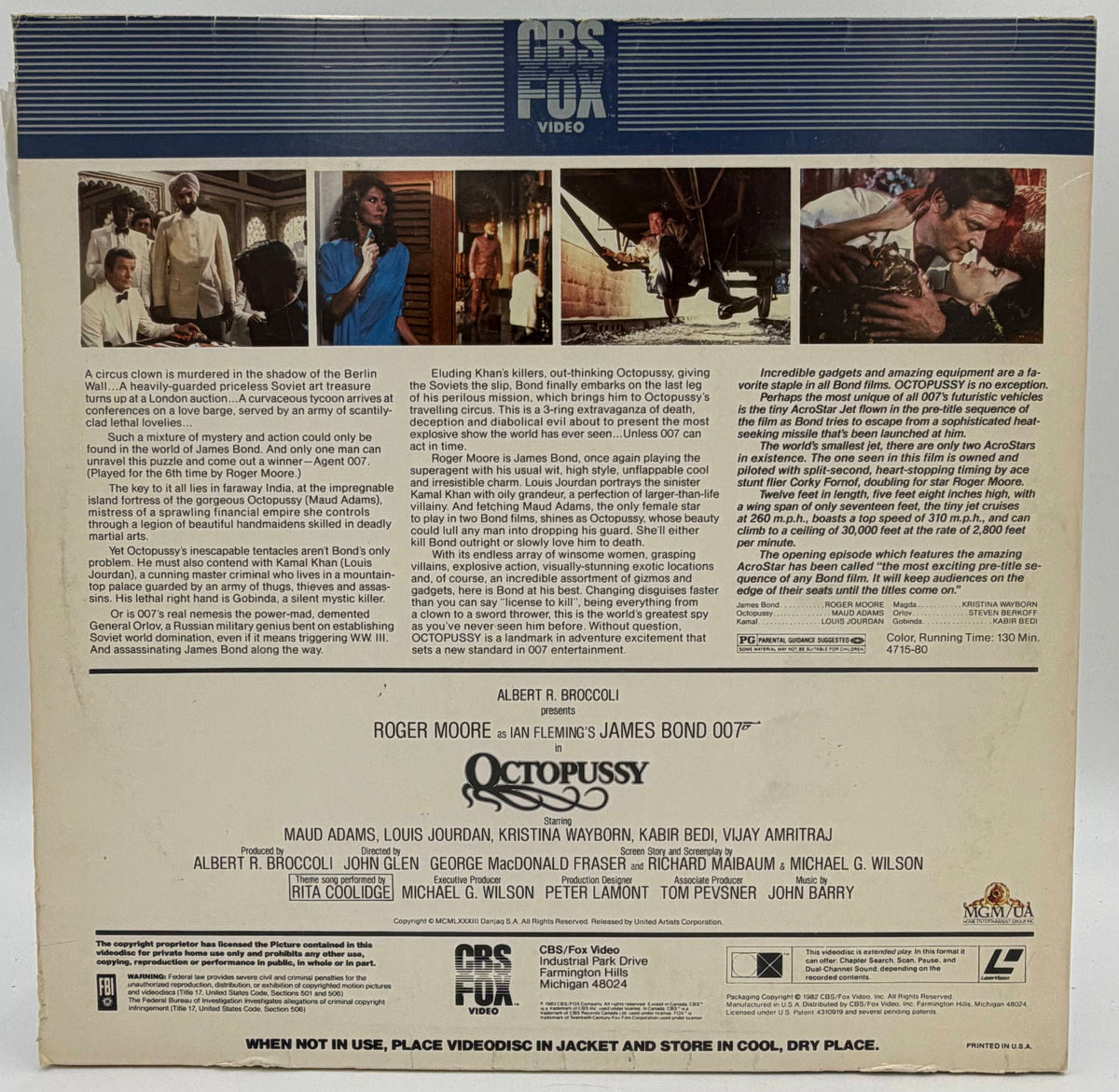 Octopussy (1983) LaserDisc - Roger Moore, Maud Adams - CBS/FOX Video - VG James Bond