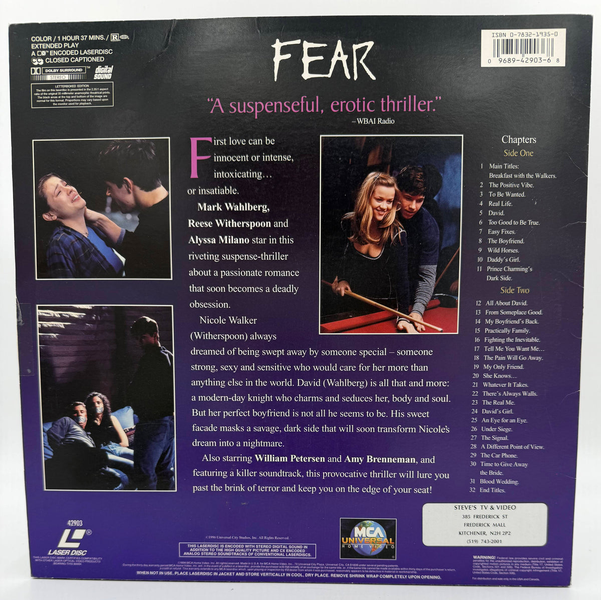 Fear (1996) Letterboxed LaserDisc - Mark Wahlberg, Reese Witherspoon - MCA Universal - VG