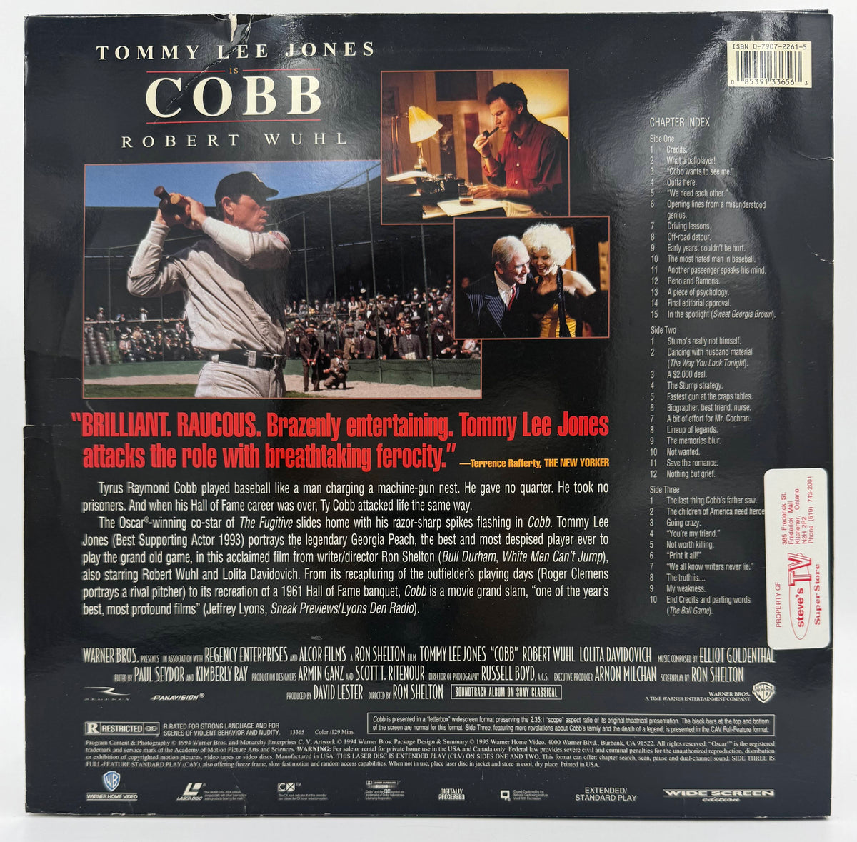 Cobb (1994) Wide Screen Edition 2-Disc LaserDisc Set - Tommy Lee Jones, Robert Wuhl - Warner Home Video - VG