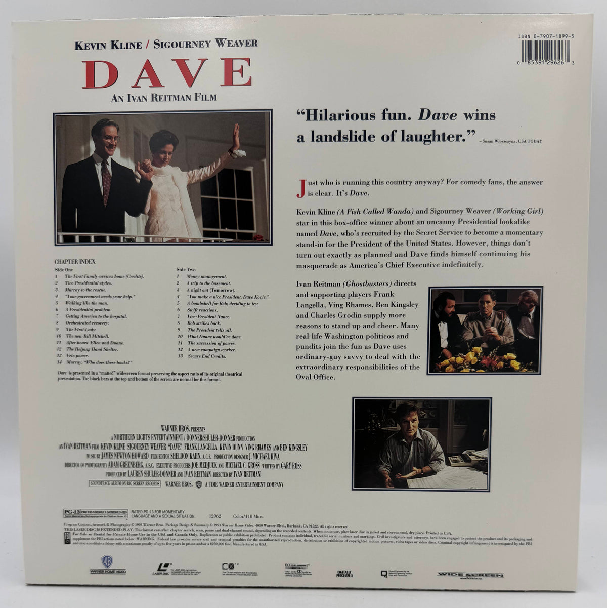 Dave (1993) Widescreen Edition LaserDisc - Kevin Kline, Sigourney Weaver - Warner Home Video - EX