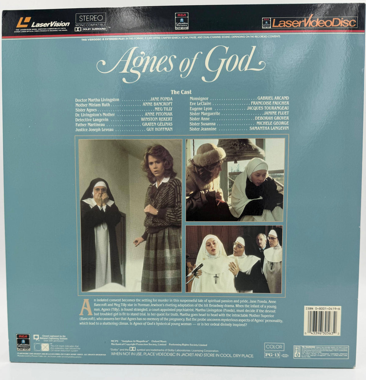 Agnes of God (1986) Stereo LaserDisc - Jane Fonda, Anne Bancroft, Meg Tilly - RCA/Columbia Pictures Home Video - EX