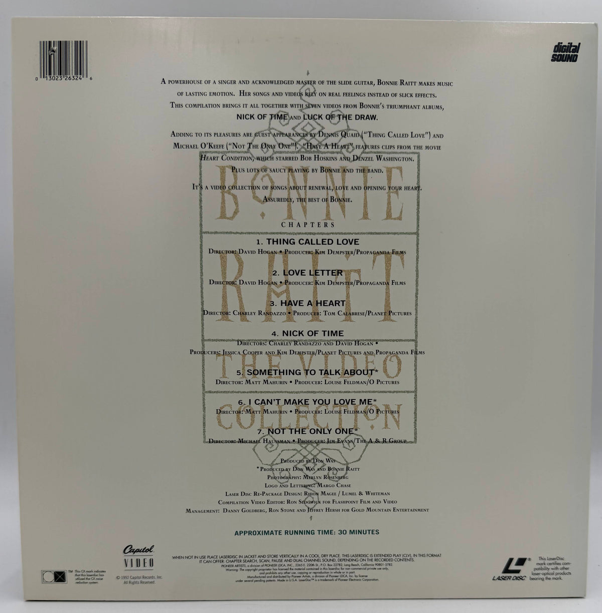 Bonnie Raitt: The Video Collection (1992) LaserDisc LD - Pioneer Artists / Capitol Video - EX