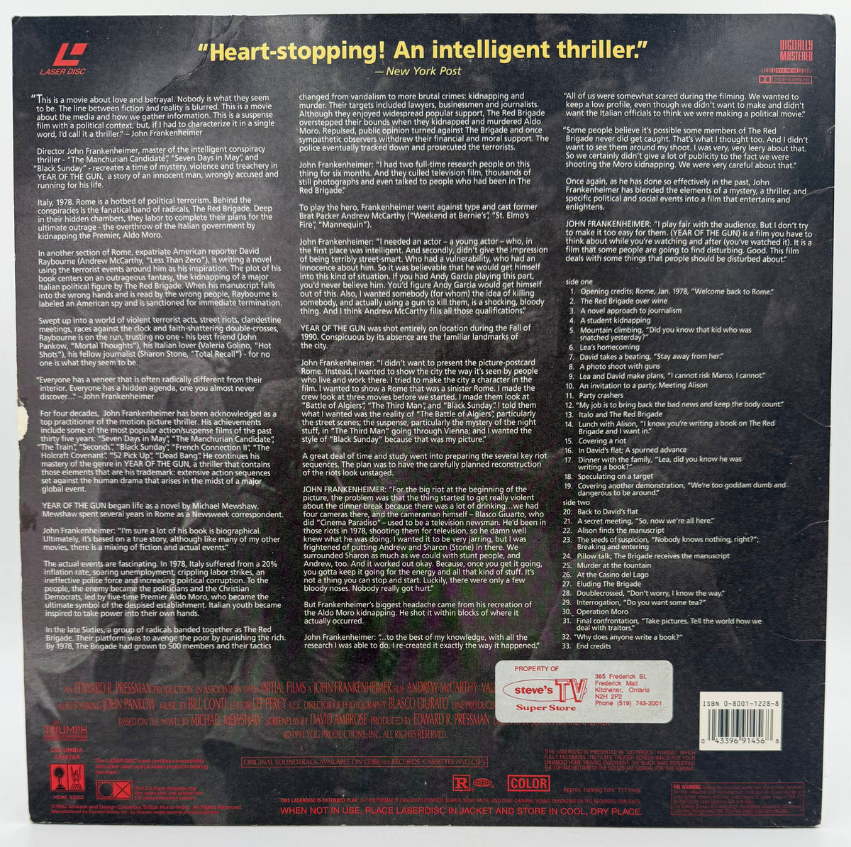 Year of the Gun (1991) Deluxe Widescreen Version LaserDisc LD - Columbia TriStar Home Video - VG