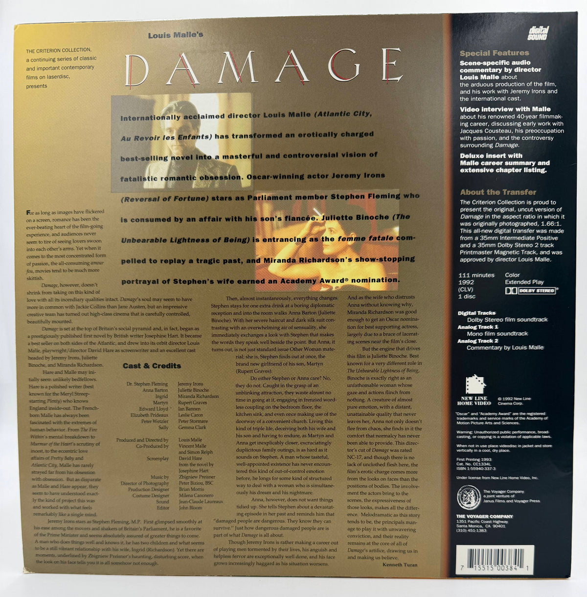 Damage (1992) The Criterion Collection LaserDisc LD - Louis Malle - EX