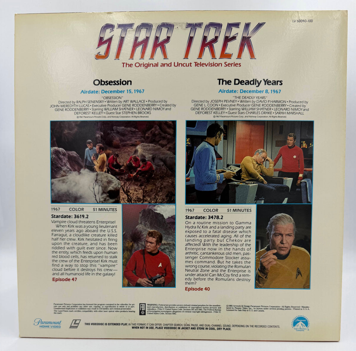 Star Trek: The Original Series - Obsession / The Deadly Years LaserDisc - Paramount Home Video - EX