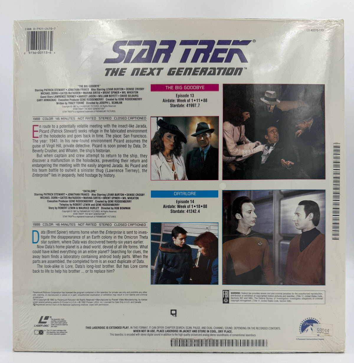 Star Trek: The Next Generation - The Big Goodbye / Datalore LaserDisc - Paramount – Factory Sealed