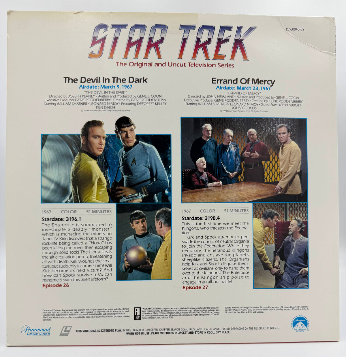 Star Trek: The Original Series (1985) - The Devil In The Dark / Errand Of Mercy LaserDisc - Paramount - VG