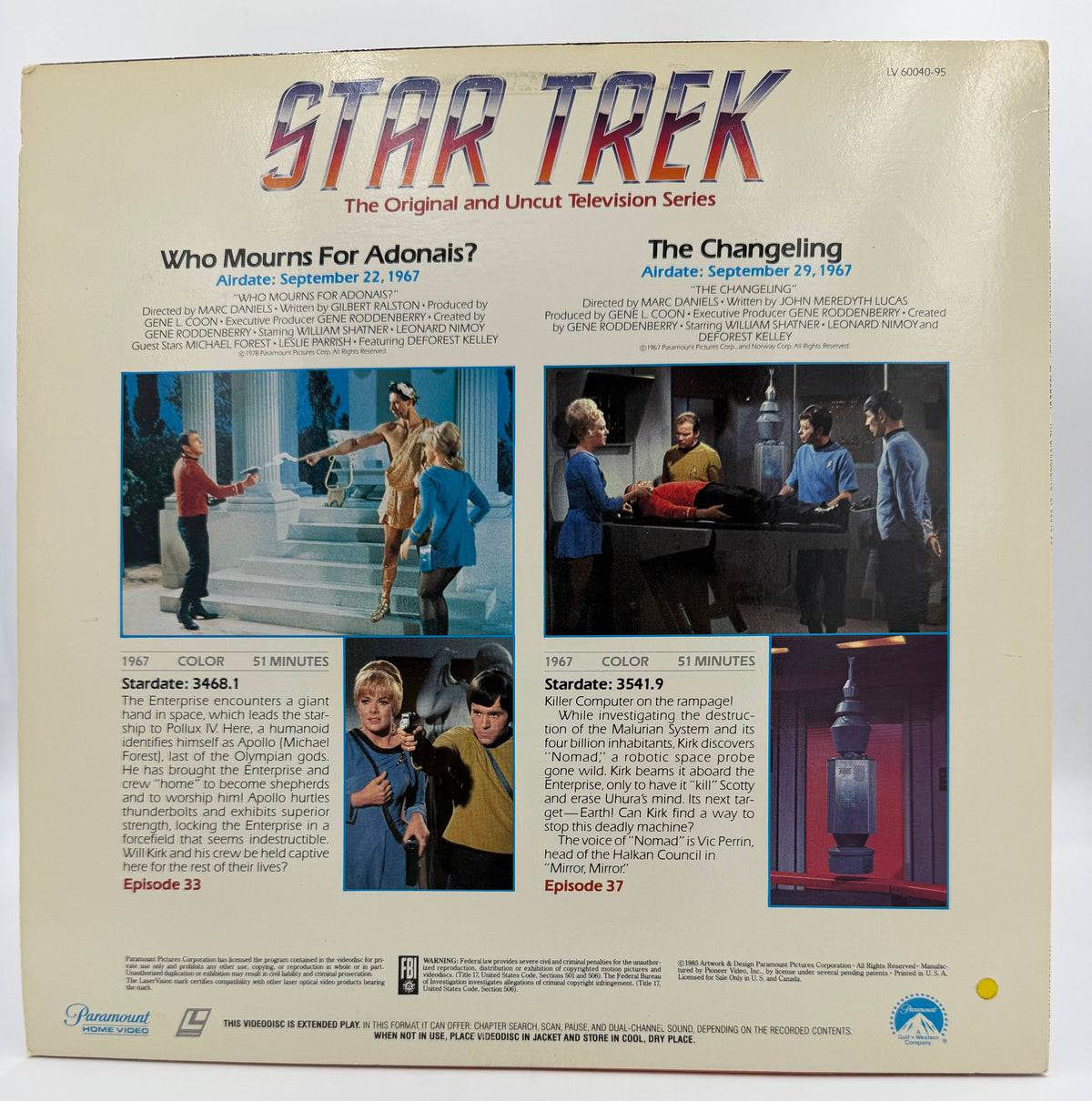 Star Trek: The Original Series (1985) - Who Mourns For Adonais? / The Changeling LaserDisc - Paramount - EX