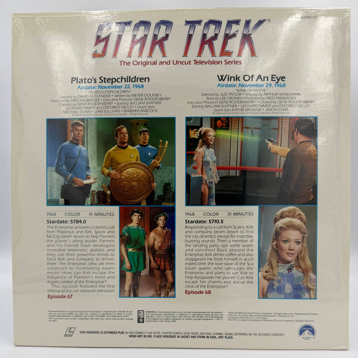 Star Trek: The Original Series (1988) Vol. 34 Plato's Stepchildren (Ep. 67) &amp; Wink Of An Eye (Ep. 68) LaserDisc - Paramount – EX – Factory Sealed