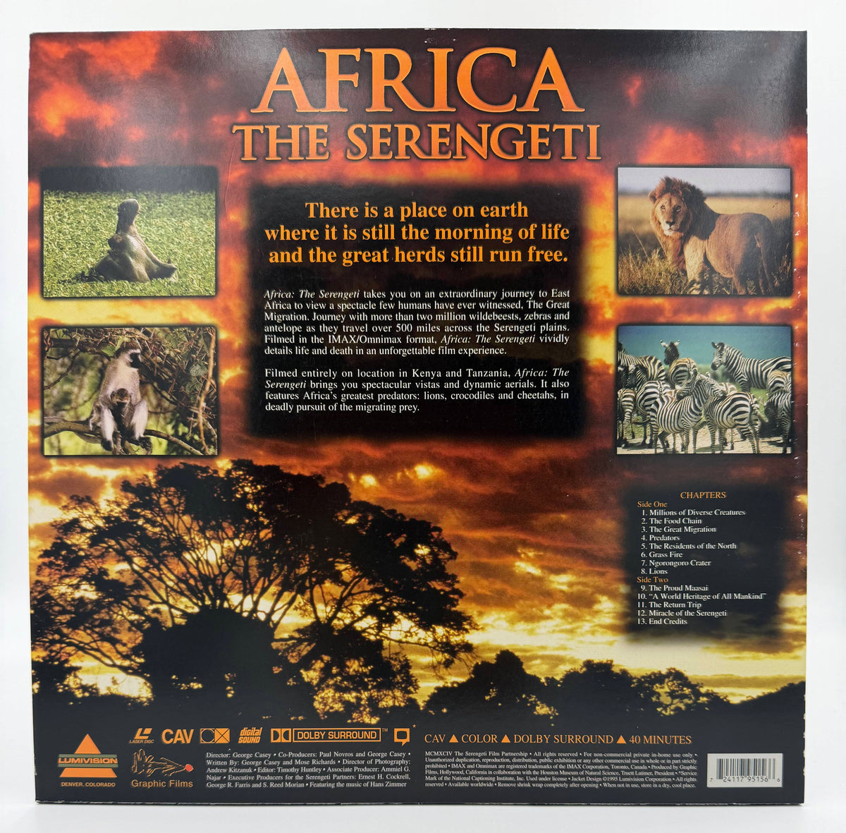 Africa: The Serengeti (1994) LaserDisc - IMAX Documentary - Narrated by James Earl Jones - Lumivision - EX