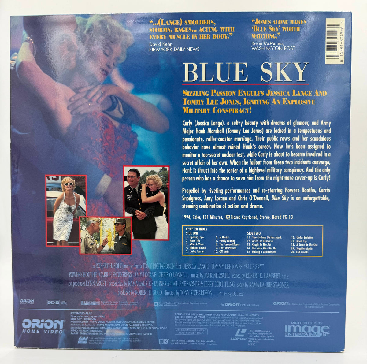 Blue Sky (1992) LaserDisc - Jessica Lange, Tommy Lee Jones - Orion Home Video - EX