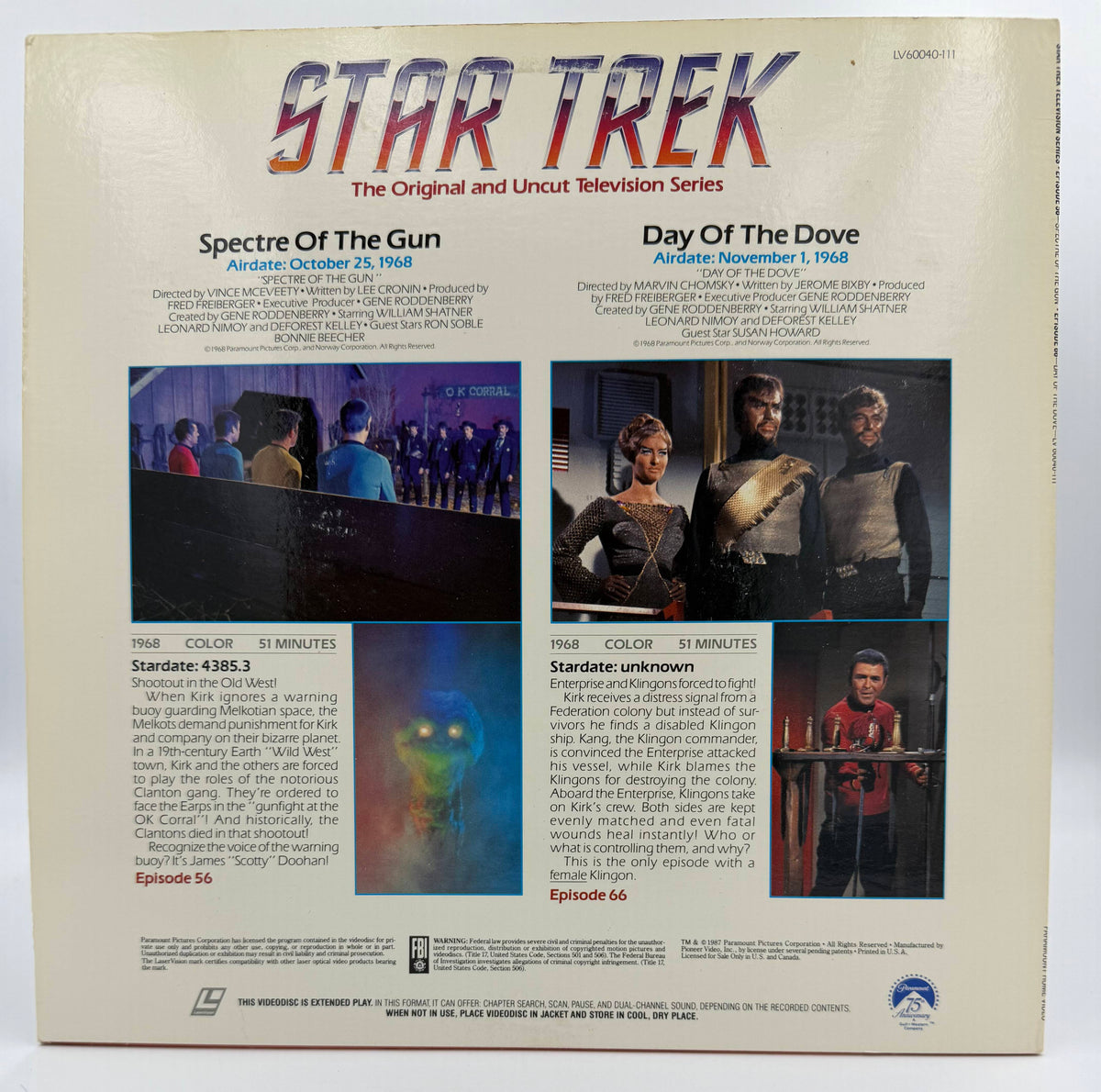 Star Trek: The Original Series (1987) LaserDisc - Spectre Of The Gun / Day Of The Dove - Episodes 56 &amp; 66 - Paramount - EX