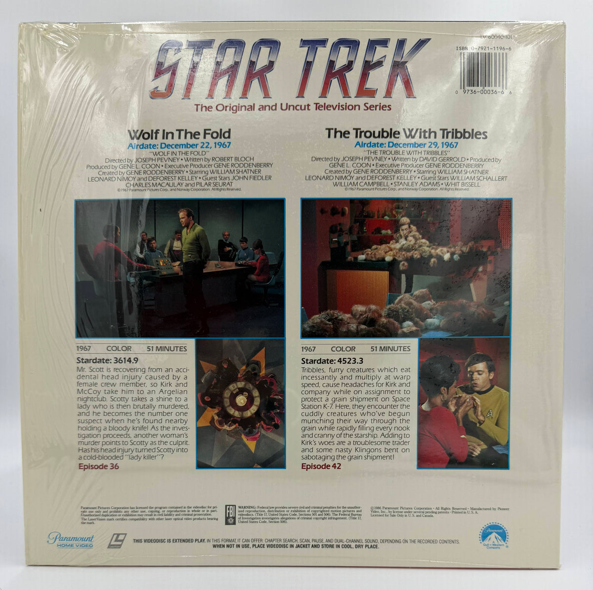 Star Trek: The Original Series (1986) Vintage LaserDisc - Wolf In The Fold / The Trouble With Tribbles - Episodes 36 & 42 - Paramount - EX