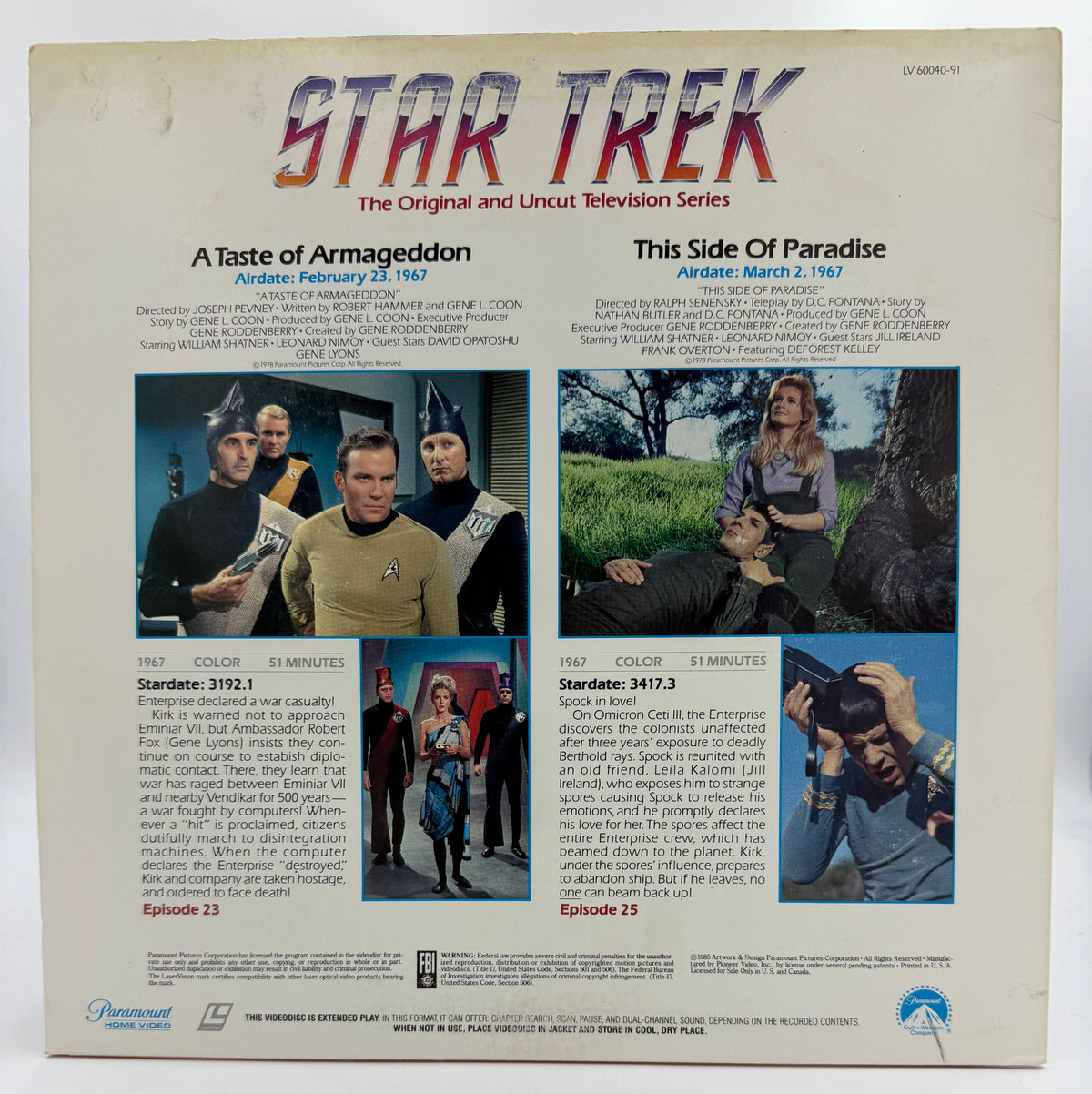Star Trek: The Original Series Vol. 23 LaserDisc LD (1985) Episode 23 (A Taste Of Armageddon) & Episode 25 (This Side Of Paradise) - Paramount Home Video - VG
