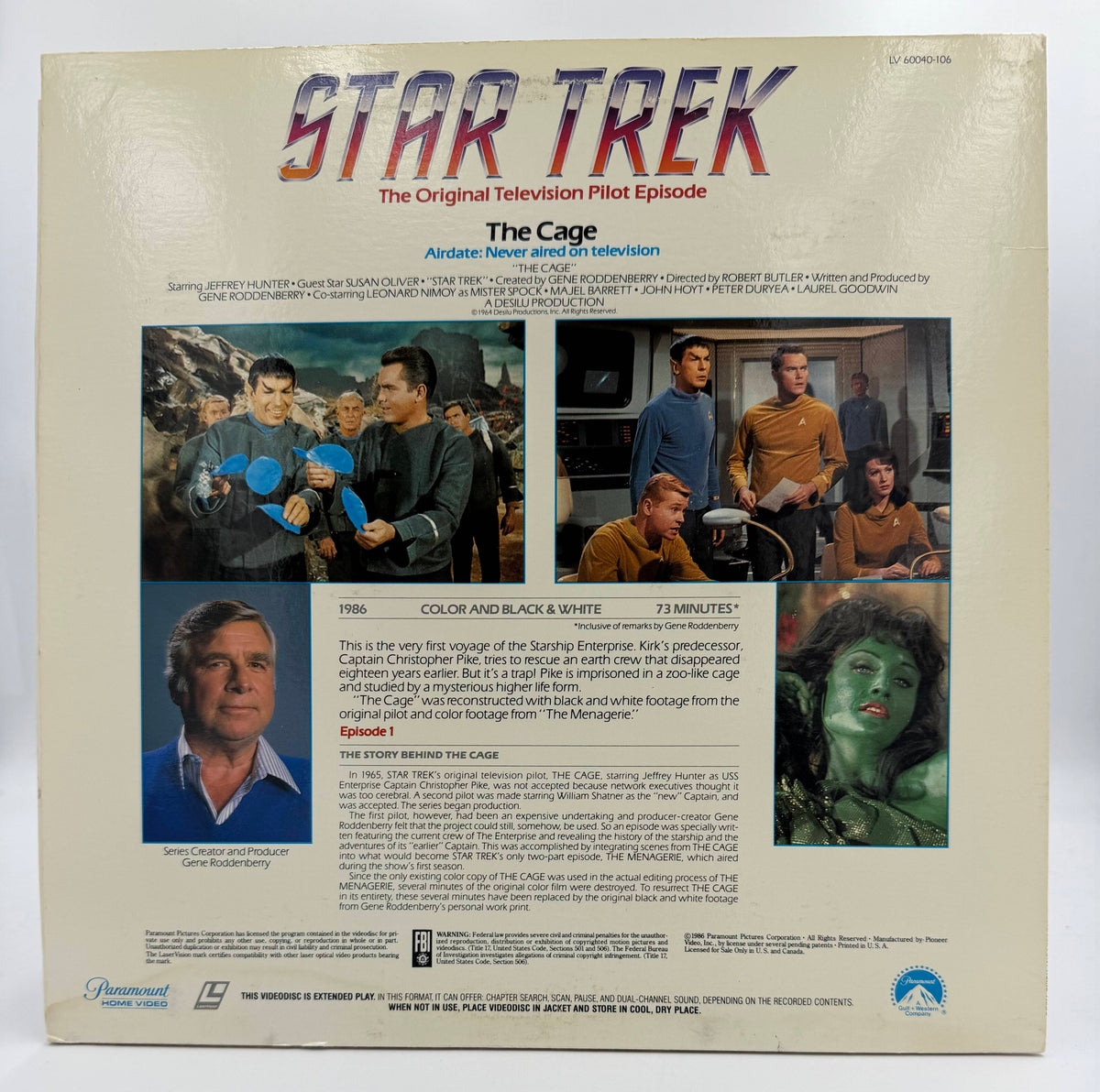 Star Trek: The Original Television Pilot Episode - "The Cage" LaserDisc LD (1986) - Paramount Home Video - VG