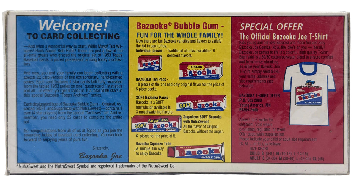 1988 Bazooka Original Bubble Gum 10-Pack Box featuring the Topps Archives "Quadracard" Baseball Cards - Sealed