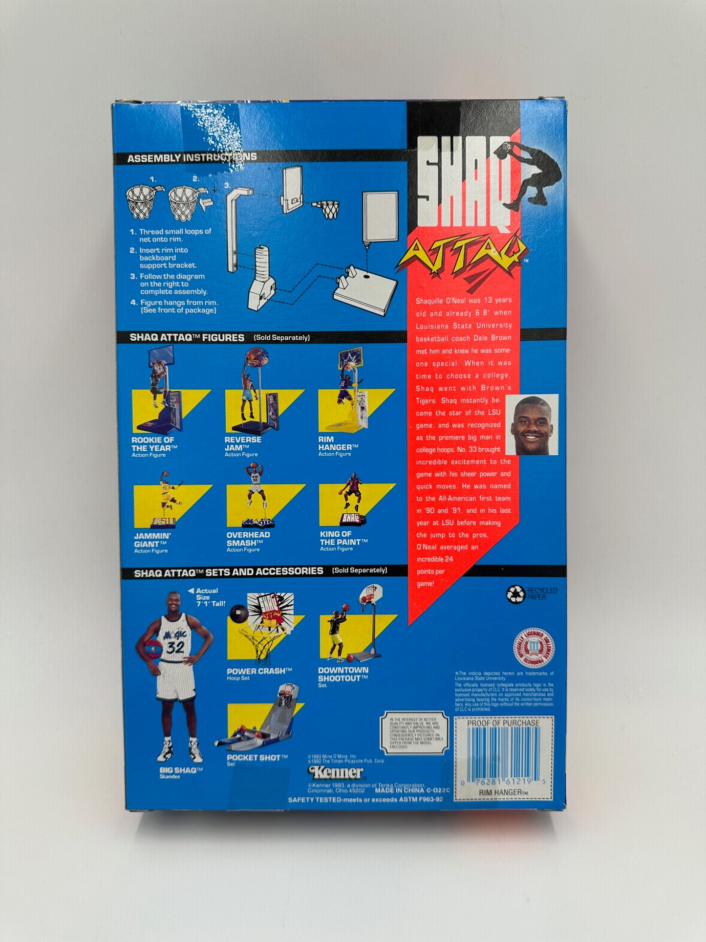 1993 Kenner Shaq Attaq Rim Hanger 6-inch Action Figure with Backboard Hoop and Net