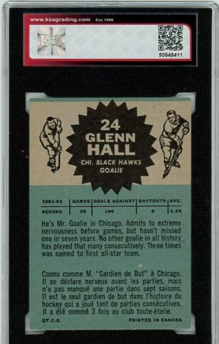 1962-63 Topps Glenn Hall Graded Chicago Black Hawks Card #24 KSA 7.5