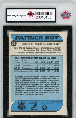 1986/87 O-Pee-Chee Patrick Roy Graded Rookie Card #53 KSA 6.5