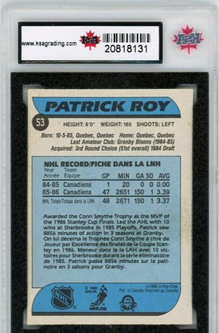1986/87 O-Pee-Chee Patrick Roy Graded Rookie Card #53 KSA 6