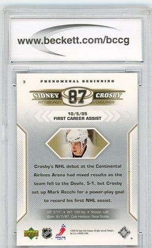 2005/06 Upper Deck Phenomenal Beginnings Sidney Crosby Graded Rookie Card #3 BCCG 10