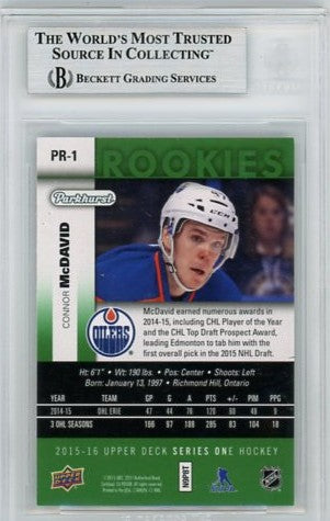 2015/16 Upper Deck Parkhurst Rookies Connor McDavid Graded Rookie Card #PR1 Beckett 8.5